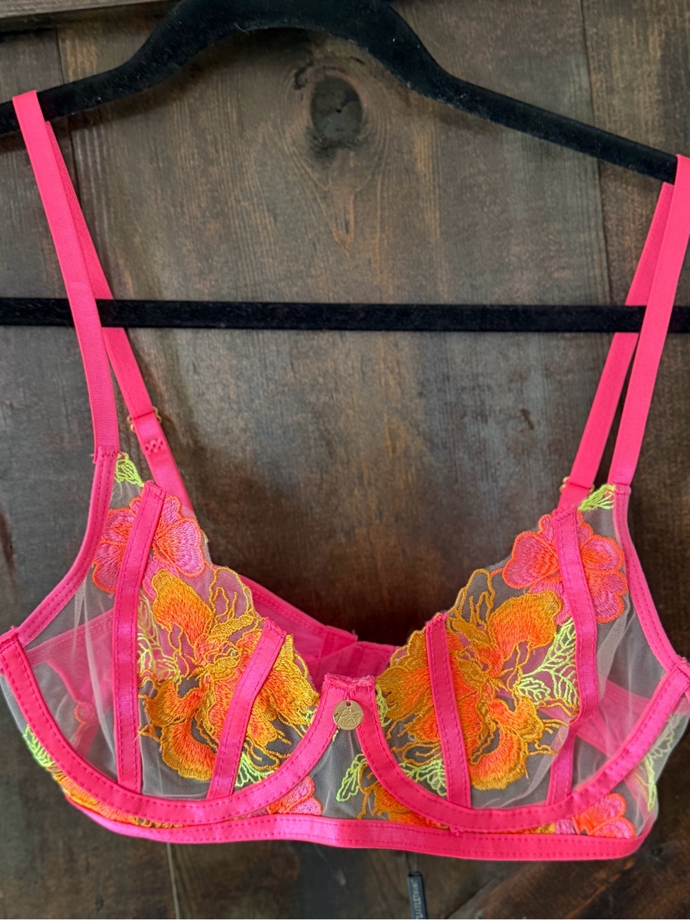 PrettyLittleThing Hot Pink Sheer Underwire Bra with Neon Floral Embroidery
